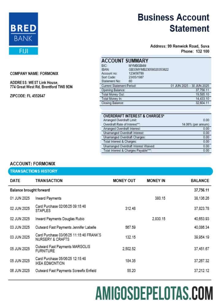 Exemplo de extrato de conta de empresa bancária Bred em formato Word e PDF